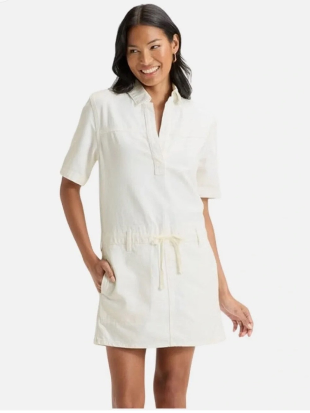 Universal Thread White Denim Mini Dress Short Sleeve Drawstring Waist Utility M